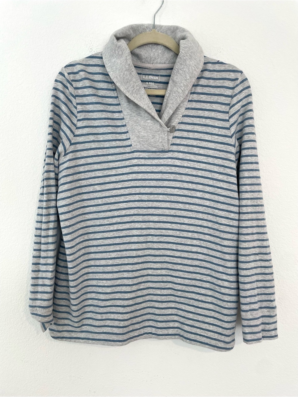 L.L. Bean Women's Gray and Blue Stripe Shawl-Collar Pullover